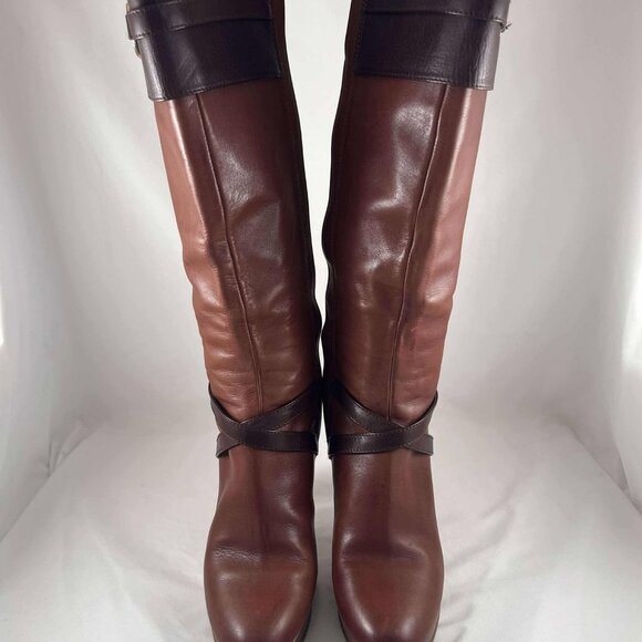 Cole Haan Women's N_ke Air Boots Knee Tall w/ Zip 2-Tone Brown Leather High Heel - Picture 3 of 7